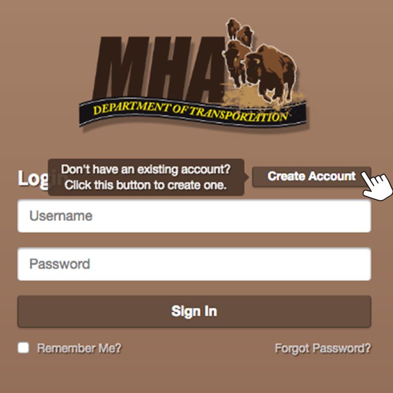 Create Account button on the Login Screen from the MHA DOT Quick Entry application.