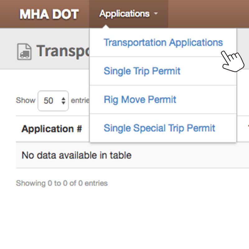 Application Selection screen from the MHA DOT Quick Entry Application.